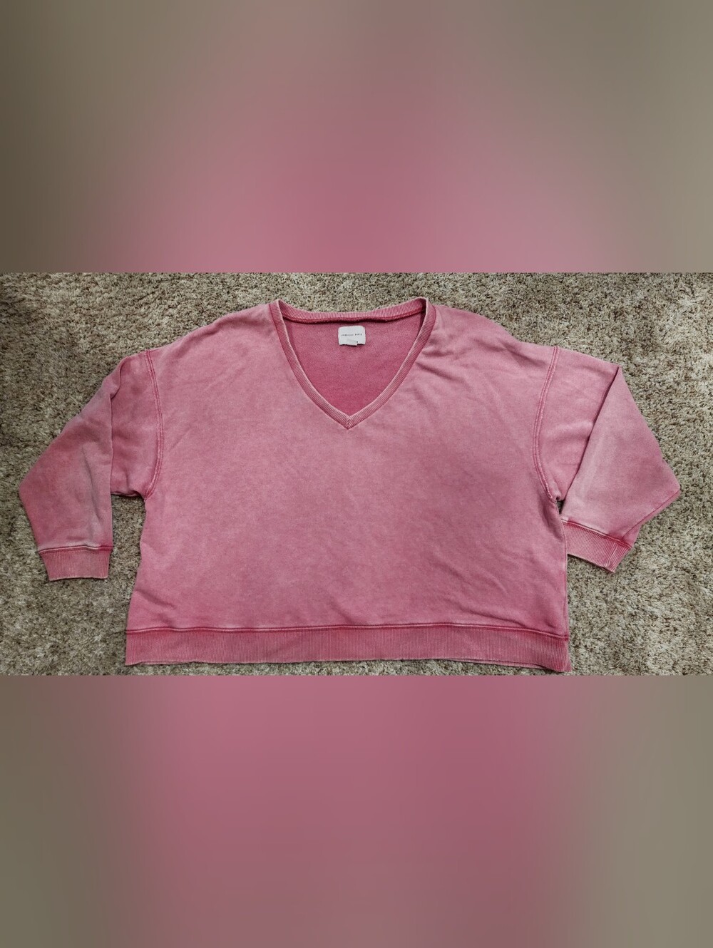 American Eagle French Terry V-Neck Sweatshirt Pink Mineral Wash Oversized Large
